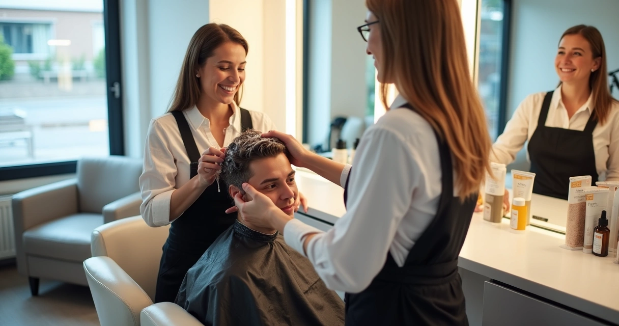 Profissional de beleza atendendo cliente e mostrando produtos complementares 