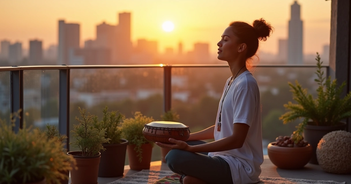 Pessoa meditando com tambor em varanda de apartamento, cidade ao fundo 