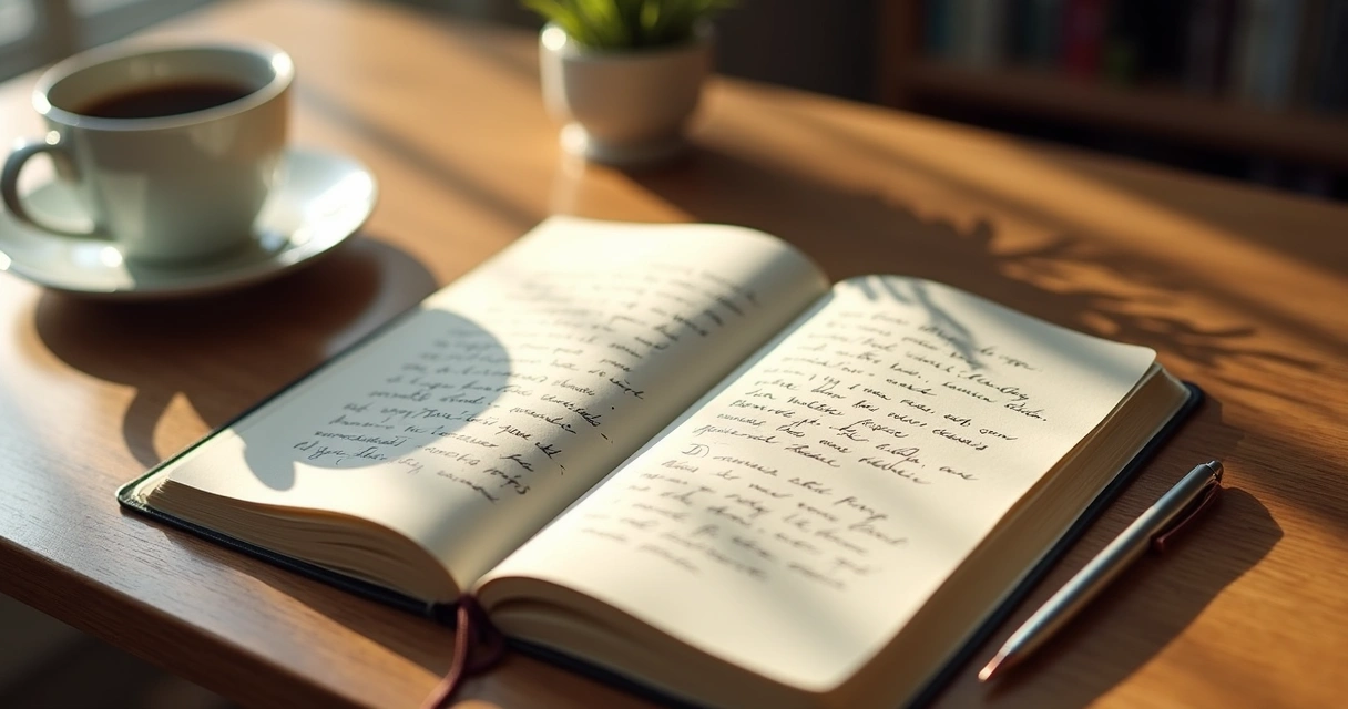 Jornal de gratidão com anotações escritas à mão e caneta ao lado 