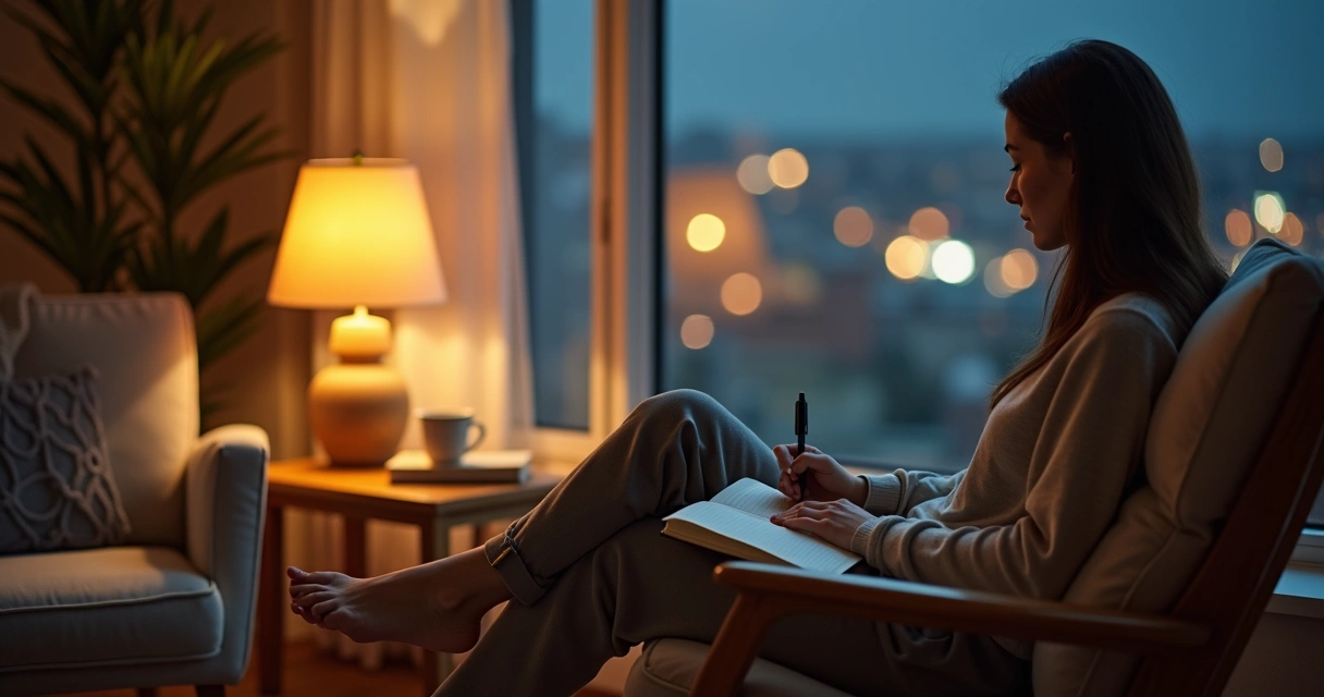 Pessoa escrevendo em diário à noite ao lado de janela com vista da cidade desfocada 