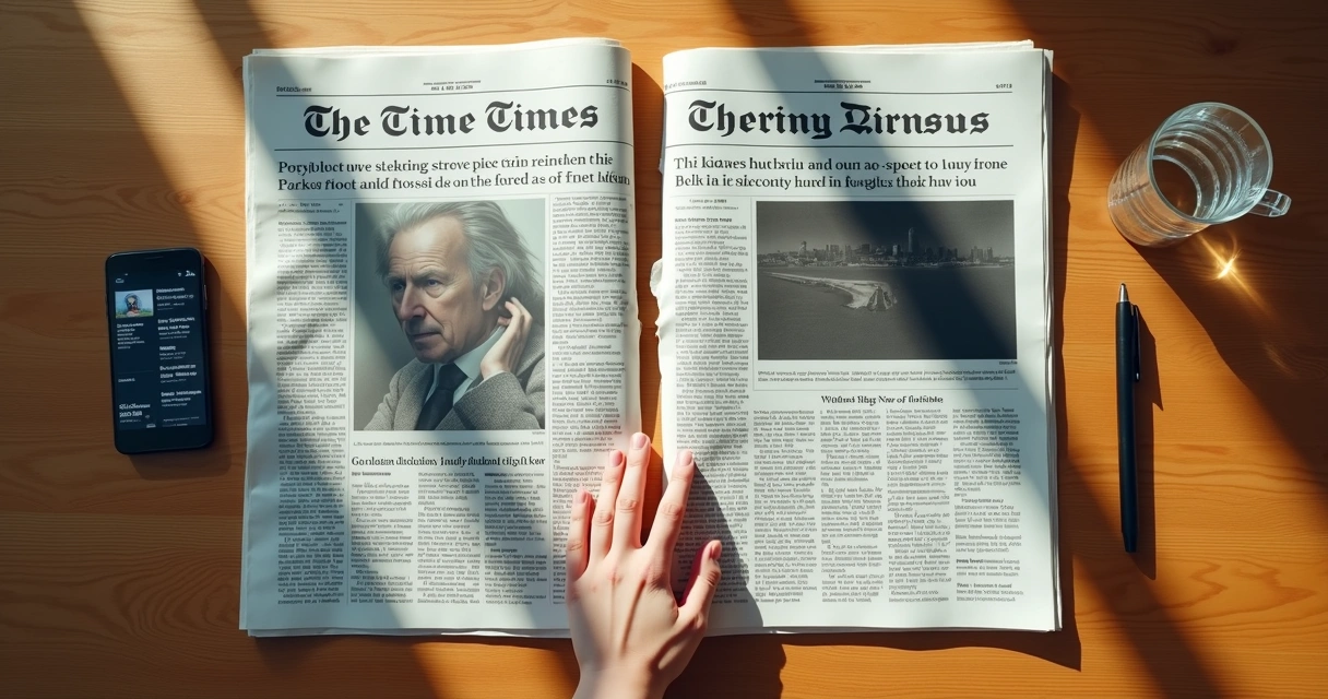 Mesa vista de cima com jornal partido ao meio revelando duas versões de uma mesma notícia 