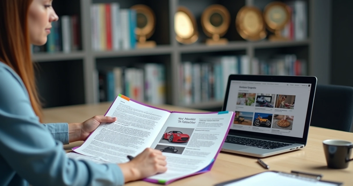 Jornalista analisando press kit com laptop e materiais impressos 