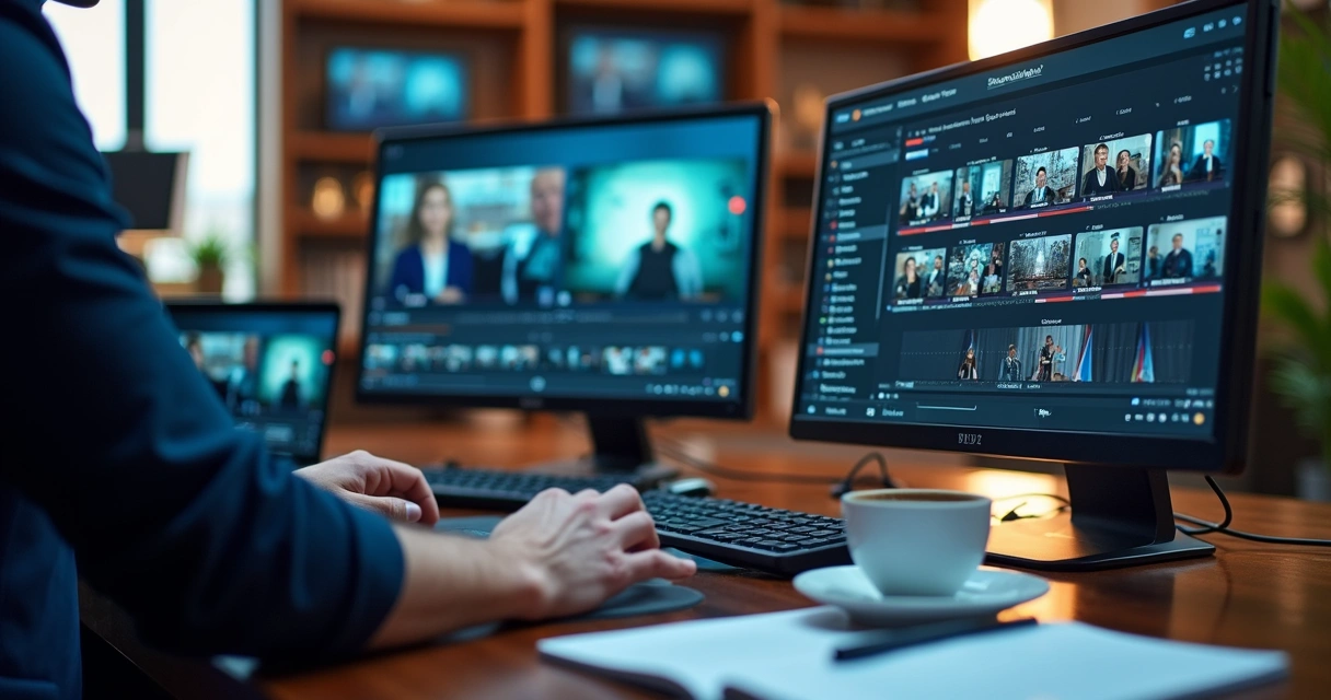 Journalist using a computer to cut long interview into short clips.