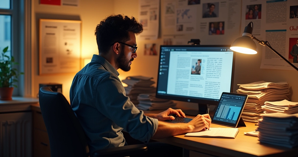 Jornalista digitando no computador em sala de imprensa 