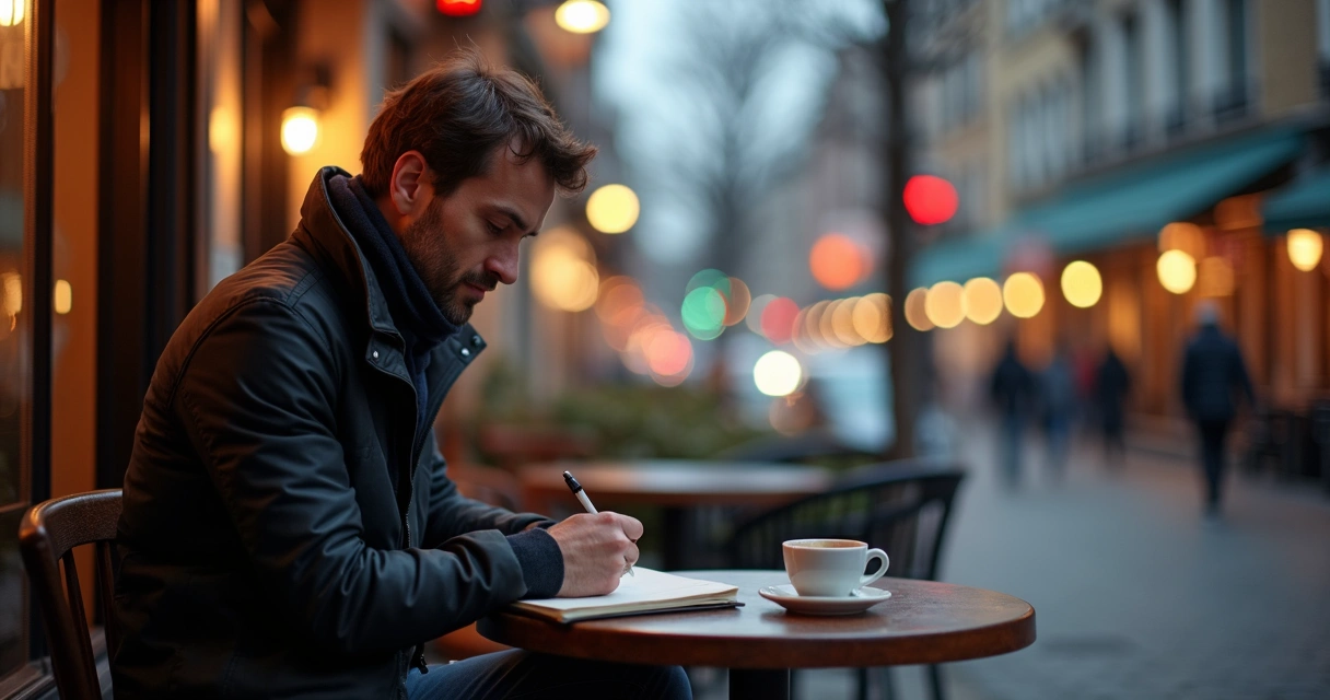 Pessoa escrevendo à mão, sentado com café, vista para cidade 