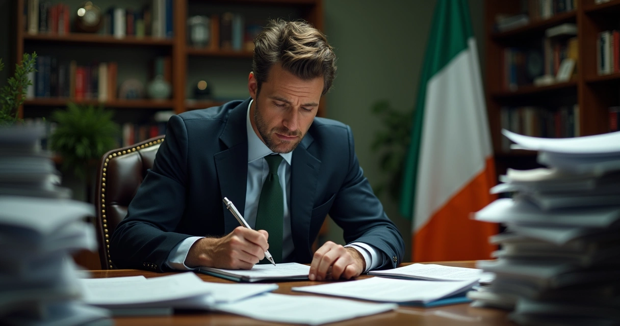 Jornalista irlandês segurando bloco de notas e microfone 