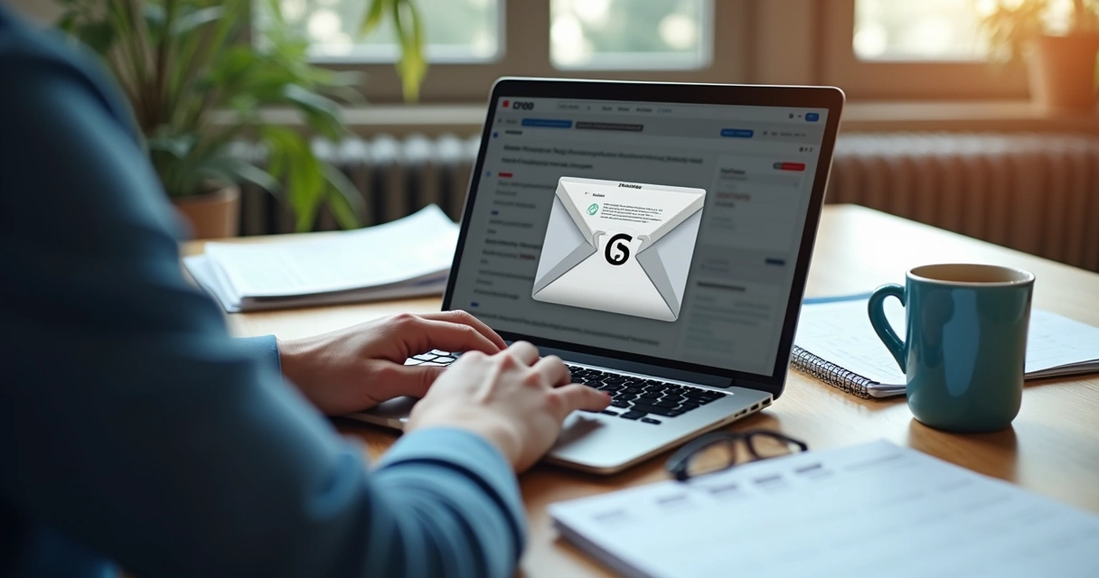 Jornalista abrindo e-mail segmentado em laptop