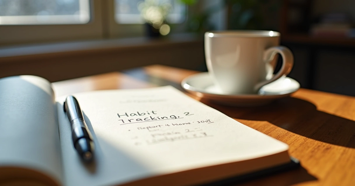 Open journal tracking habits with pen and coffee on wooden table 