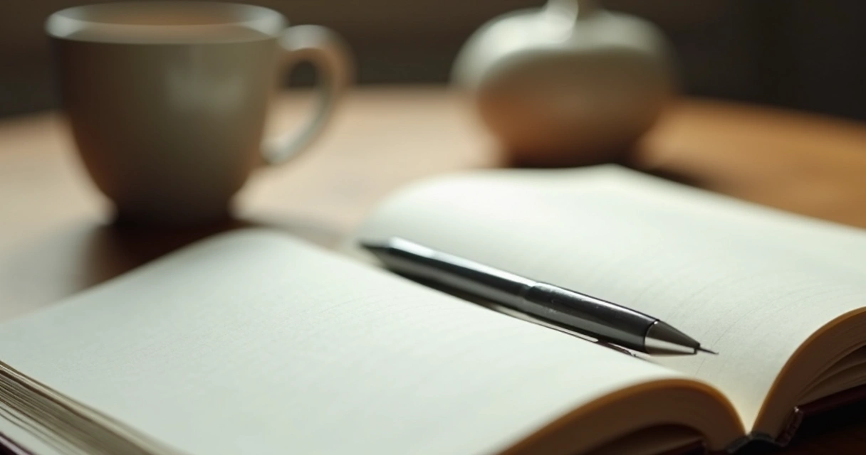 Open notebook on wooden table with pen and soft window light