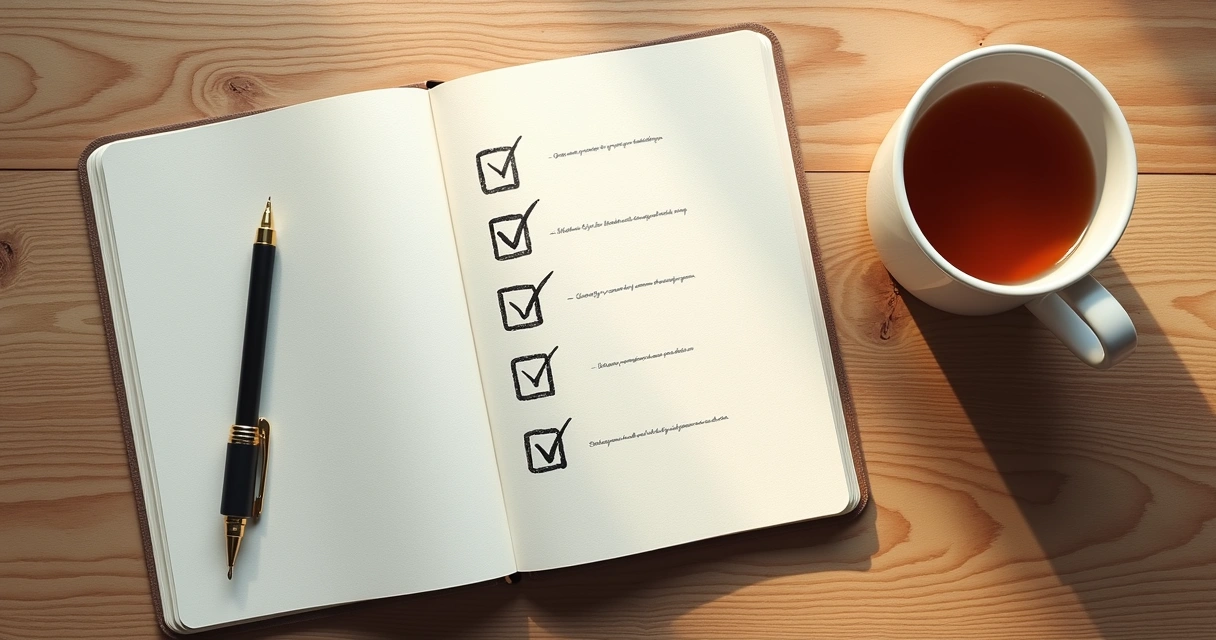Notebook with a short action list beside a cup of tea