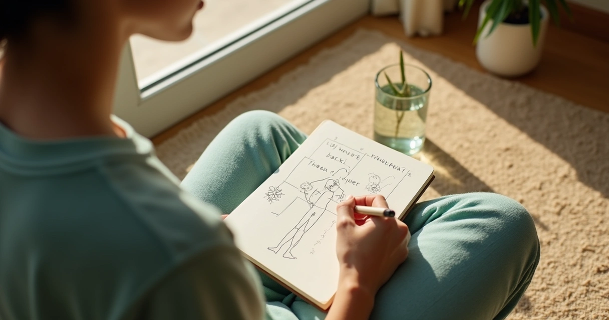 Notebook and seated person practicing body awareness 