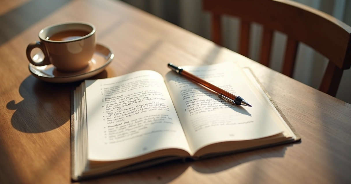Open journal and pen on a table beside a cup of tea 