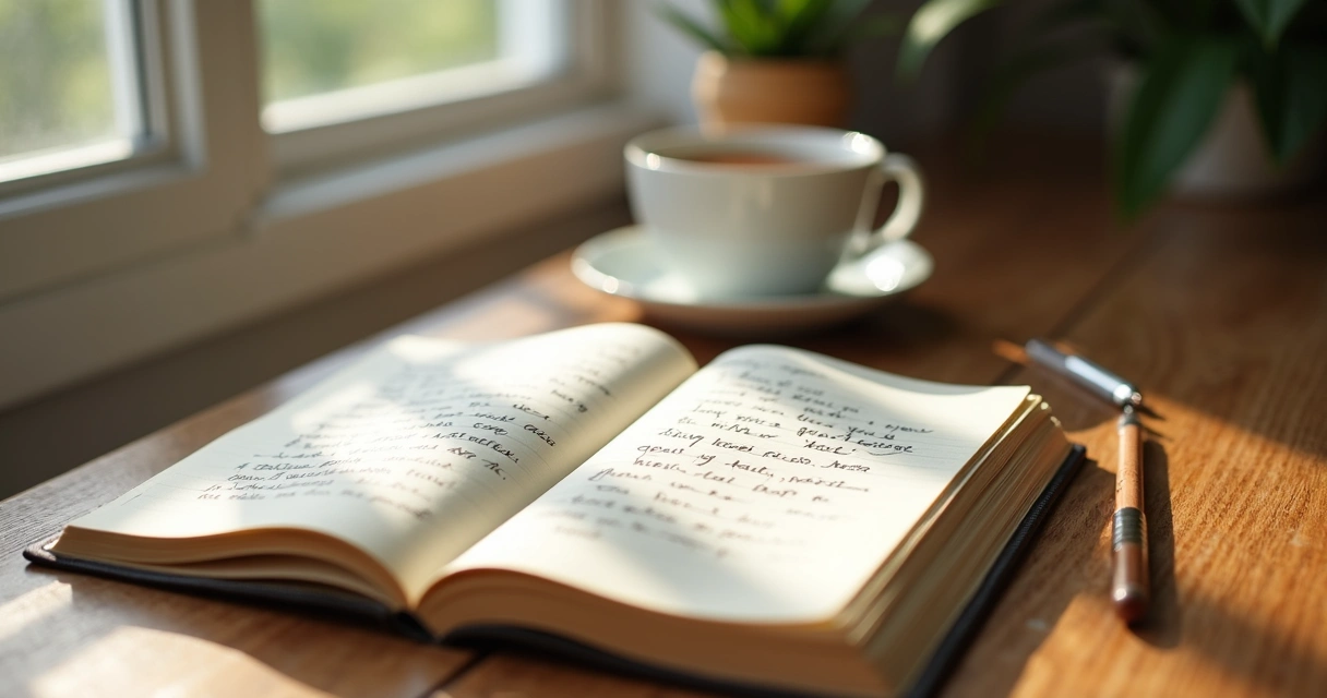 Open journal, tea, and calm window light on a table