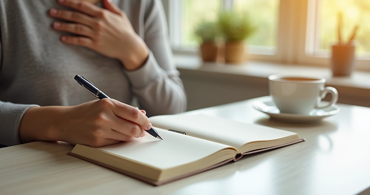 Notebook and calm hands during a reflective pause