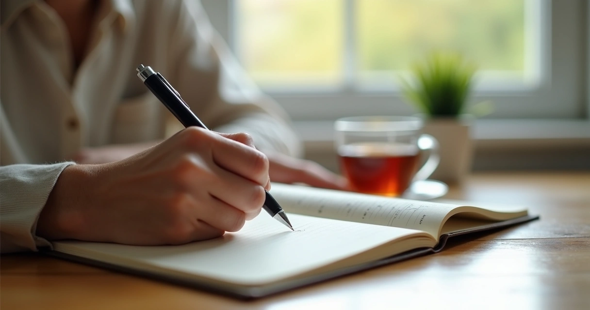 Hands writing in a journal beside a cup of tea 