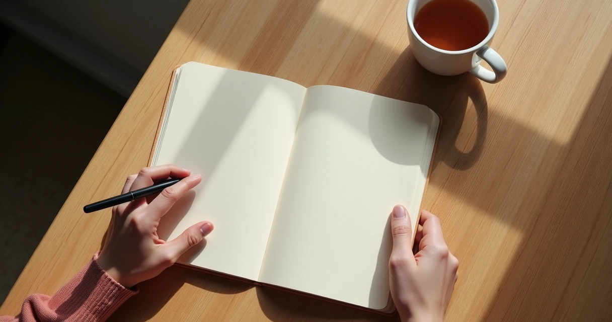 Hands writing in a journal beside a cup of tea