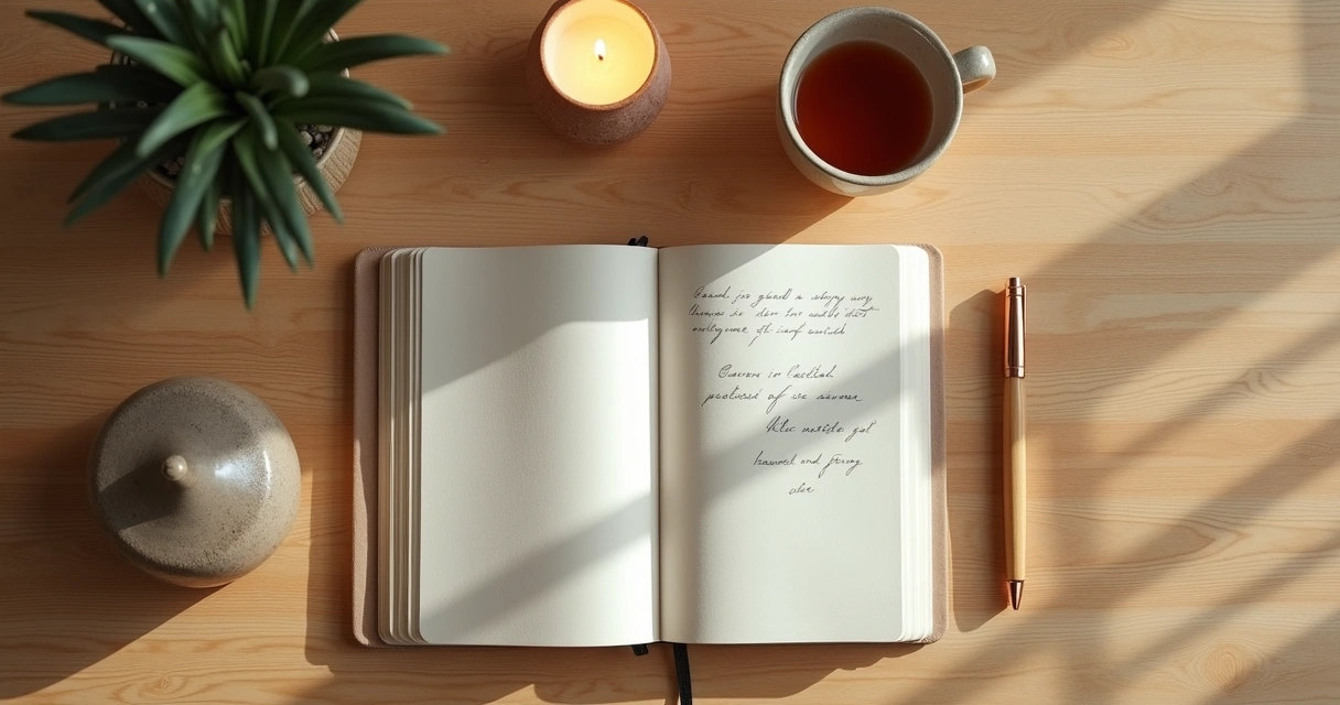 Journal, candle, and tea on a desk for a quiet reset moment