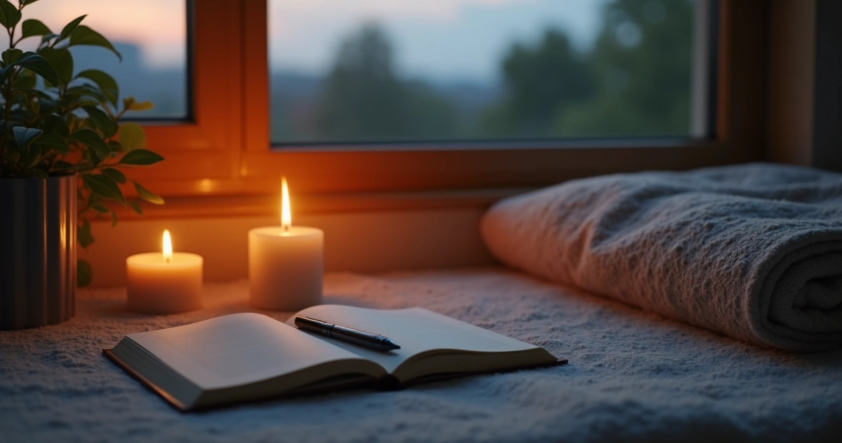 Journal, candle, and cushion prepared for evening meditation
