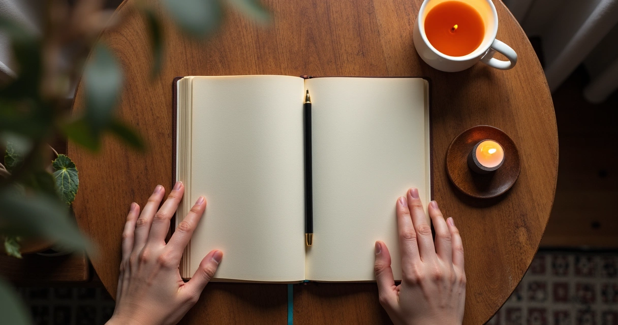 Journal, candle, and hands resting on a wooden table in quiet reflection 