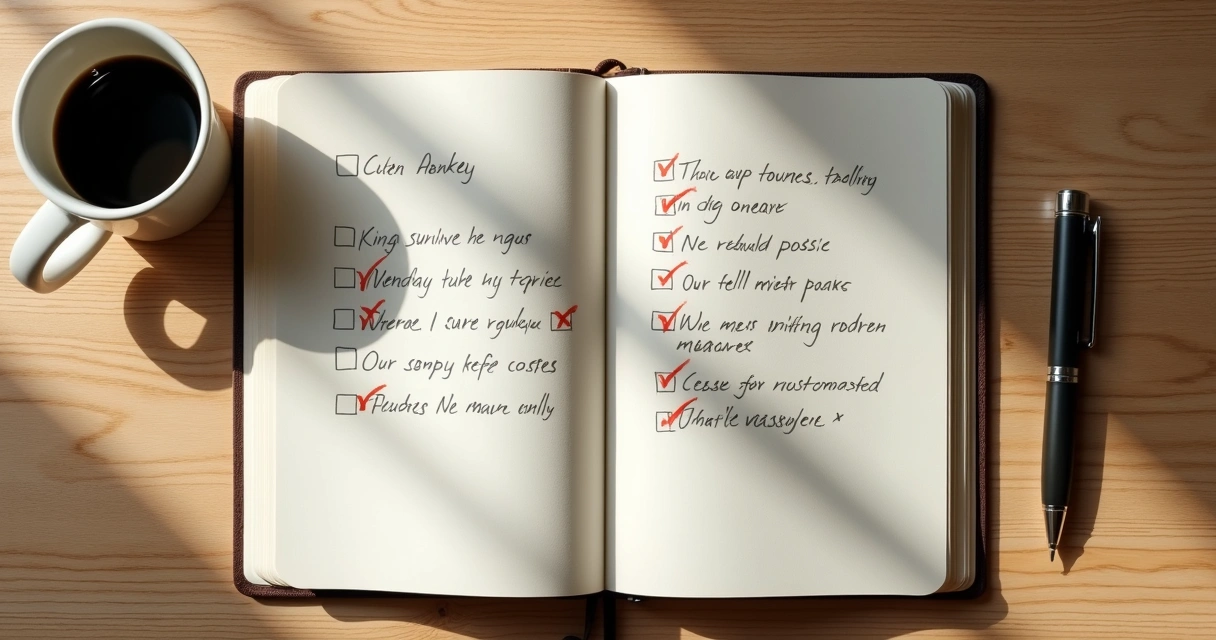 Open journal beside a checklist and coffee mug on a desk 