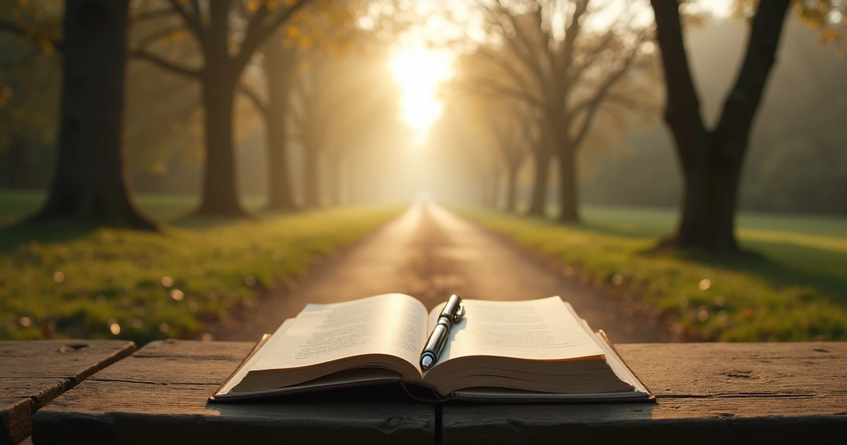 Open journal beside a forked path in soft morning light 