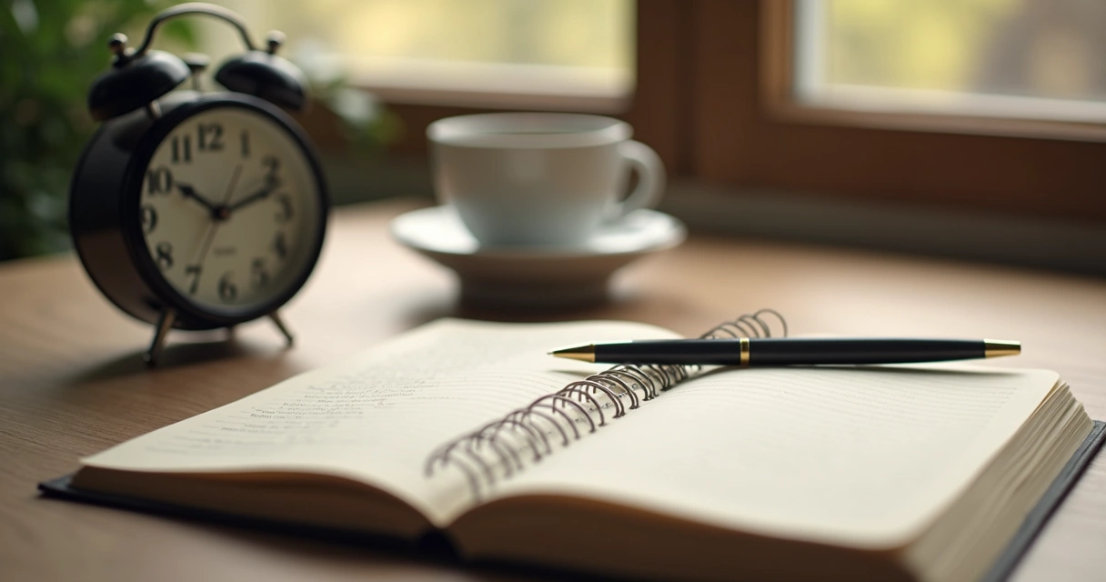 Open journal beside a clock on a wooden desk 