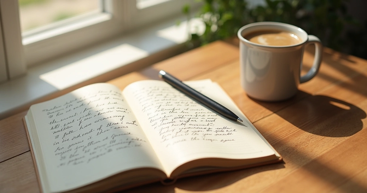 Journal, pen, and coffee on a calm morning table
