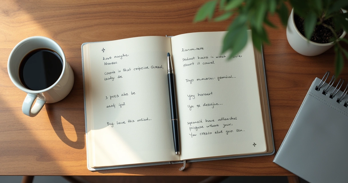 Open journal beside coffee during a reflective pause 