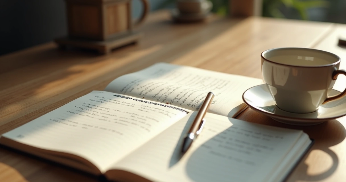 Open journal and coffee cup on a quiet table 