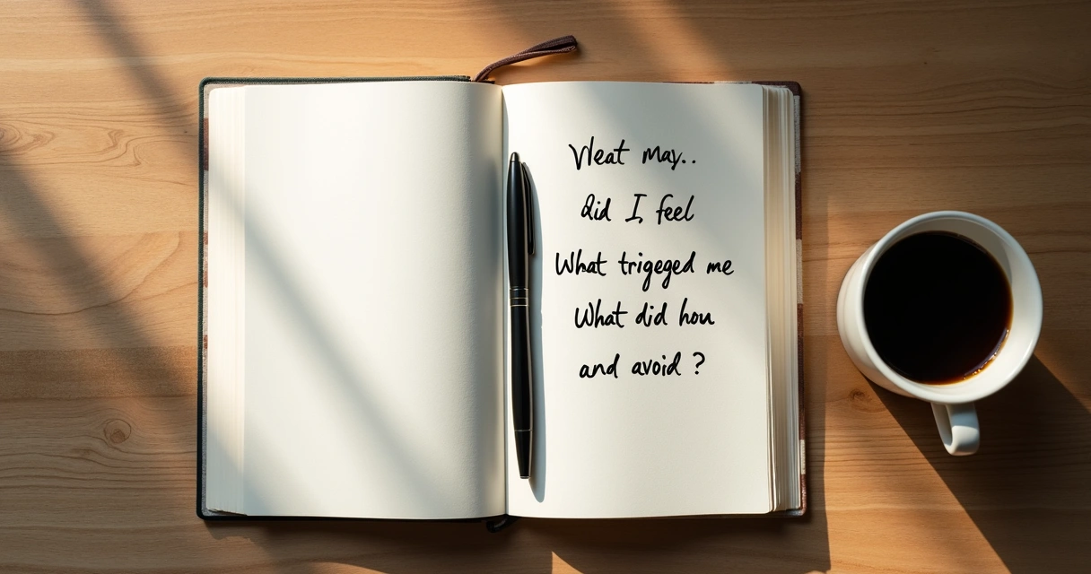 Open journal on a table beside a cup of coffee