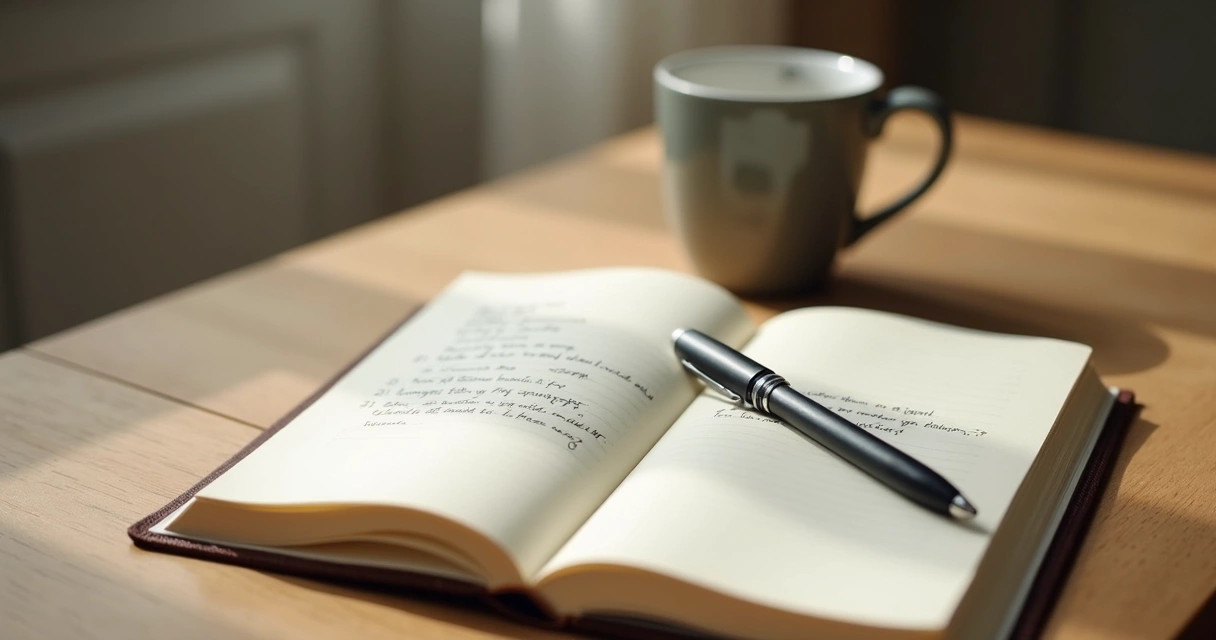 Open journal and coffee cup on a table 