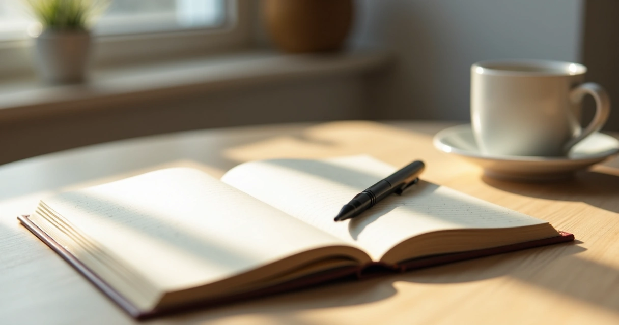 Open journal on a table beside a coffee cup and pen