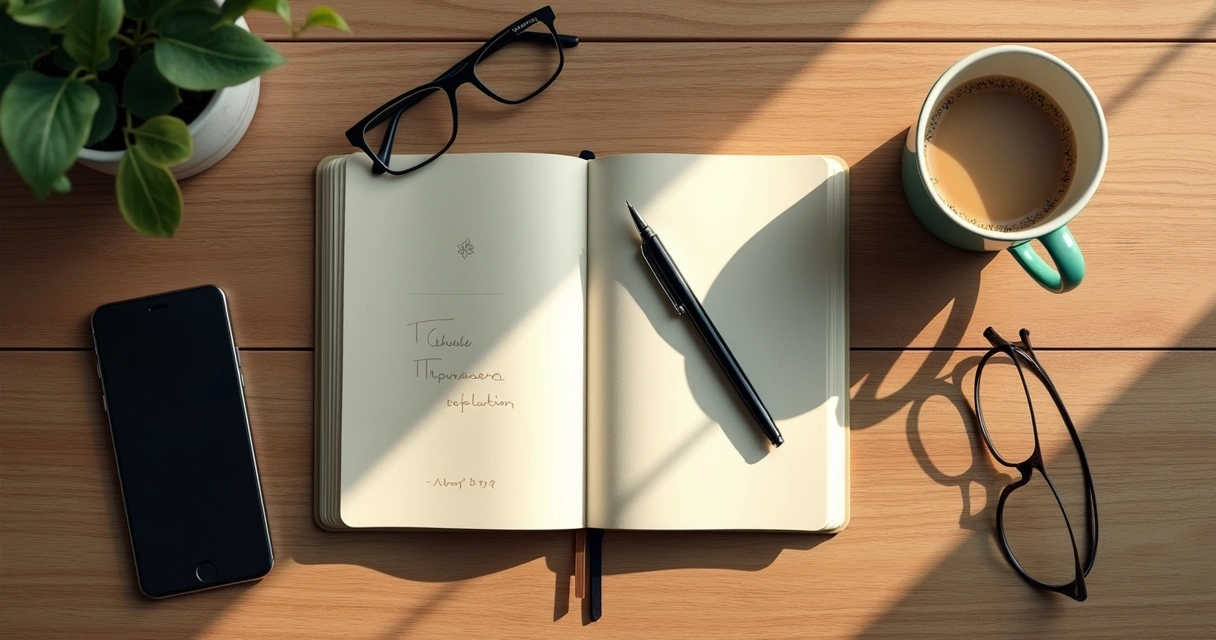 Open journal and coffee cup on a wooden table