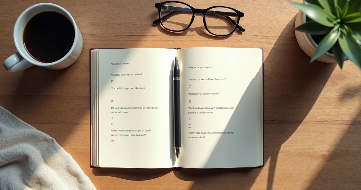 Notebook with reflective questions beside a cup of coffee 
