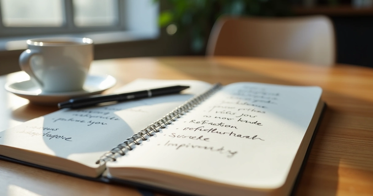 Notebook with written reflections on a wooden table