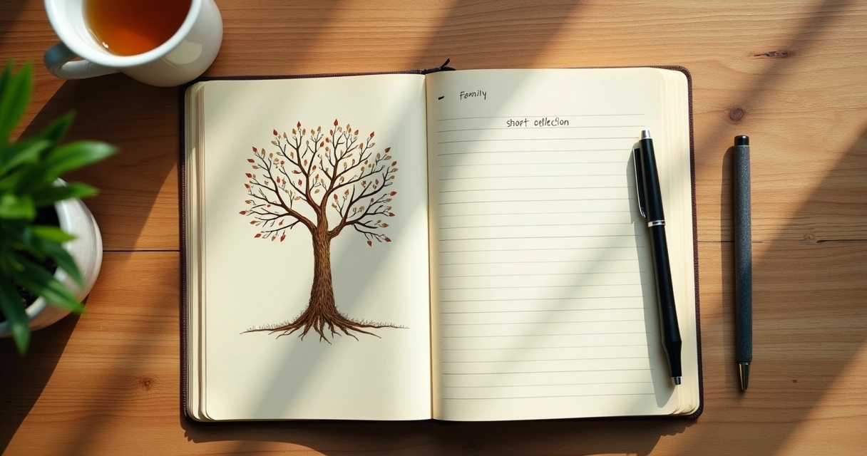 Notebook with family tree sketch on a wooden desk