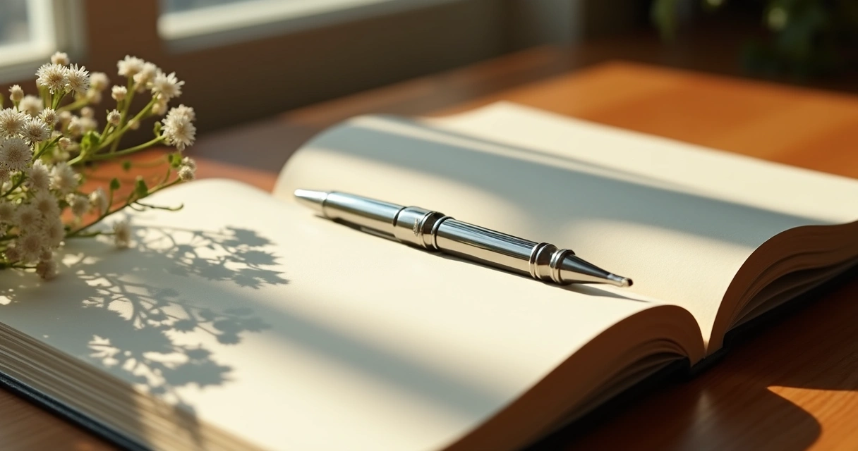 Open journal, pen, and small flowers on a wooden desk 