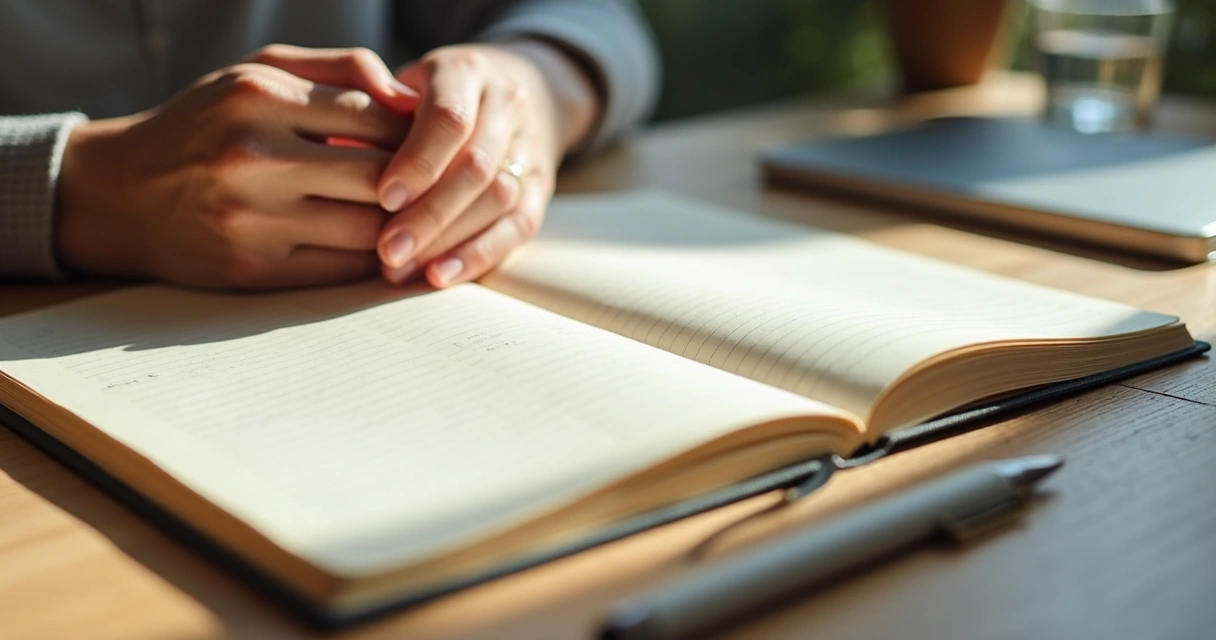 Open journal with hands pausing before writing 