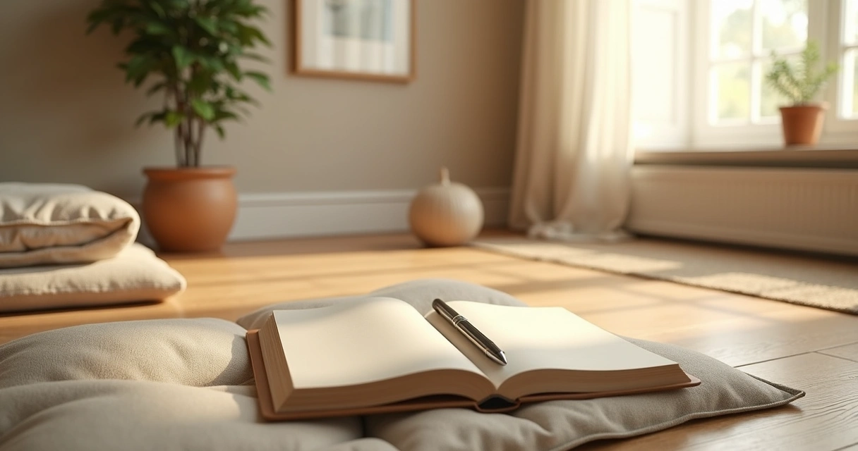 Journal on a cushion in a calm meditation room