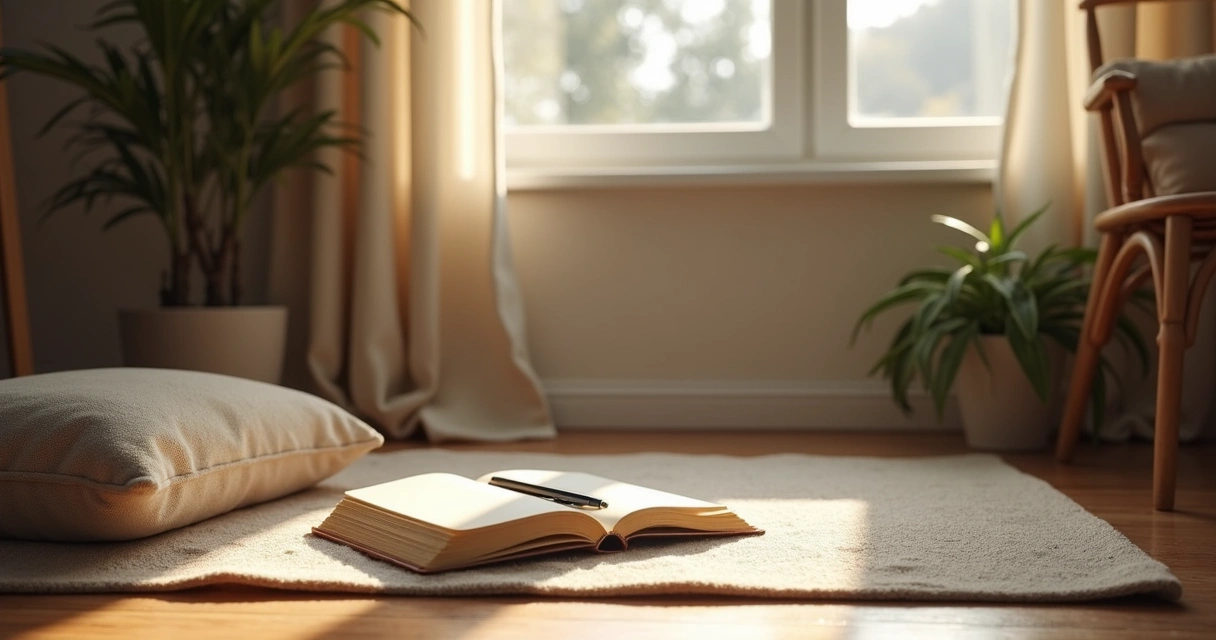 Meditation cushion and journal beside a window 