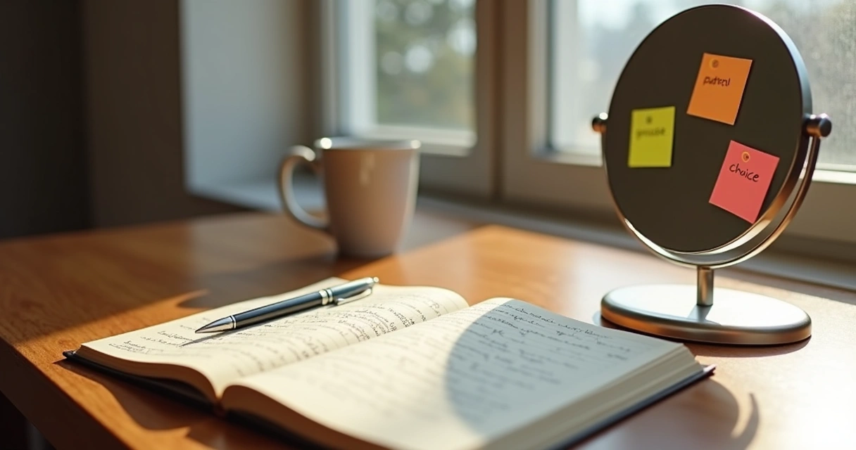 Open journal beside a mirror on a desk