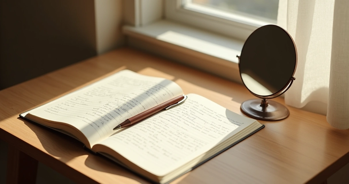 Journal, pen, and mirror on a quiet desk 