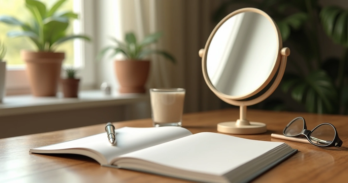Notebook and mirror on a desk with soft light and reflection 