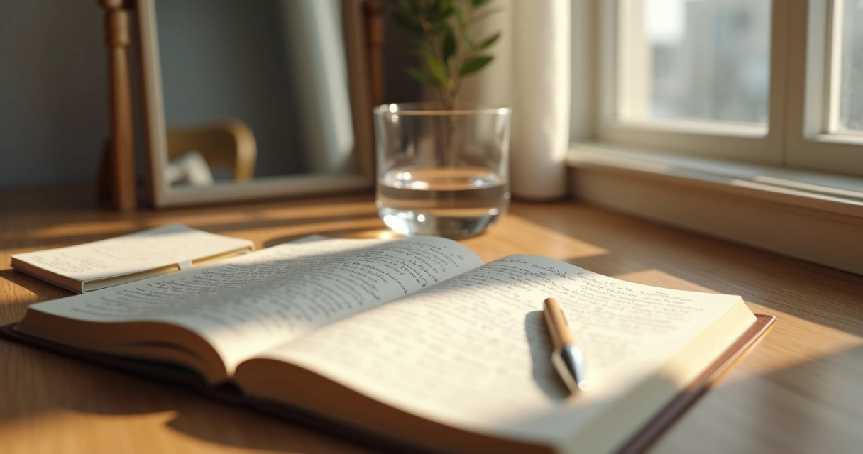 Open journal beside a mirror on a quiet desk