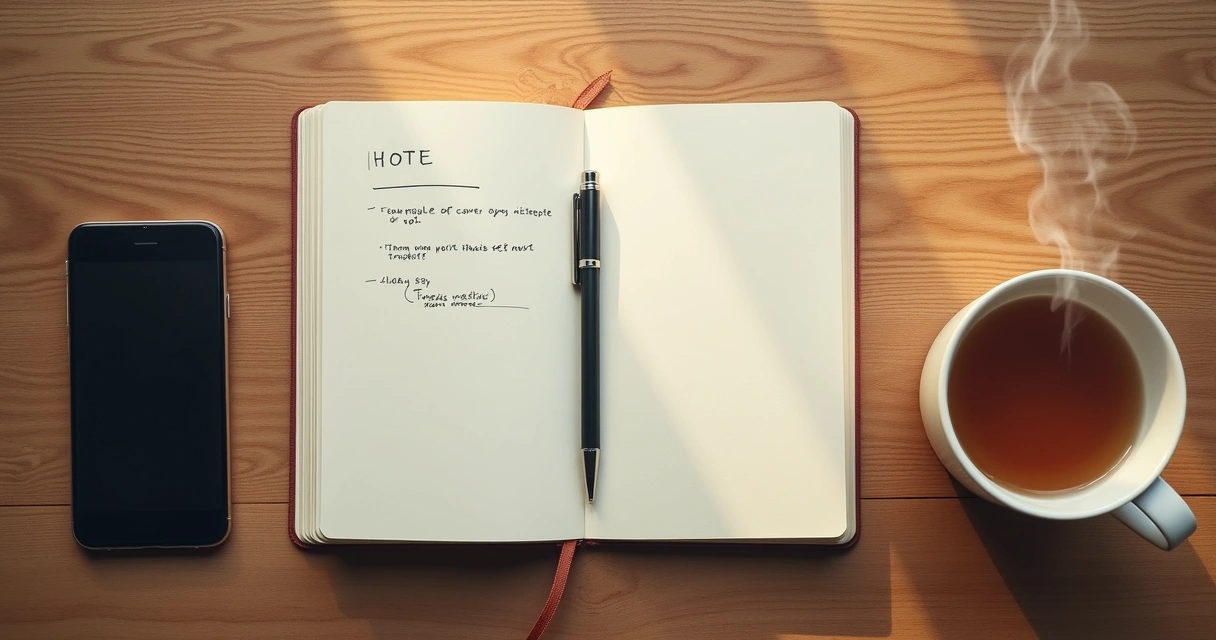 Notebook and phone on a wooden table during a quiet reflection moment