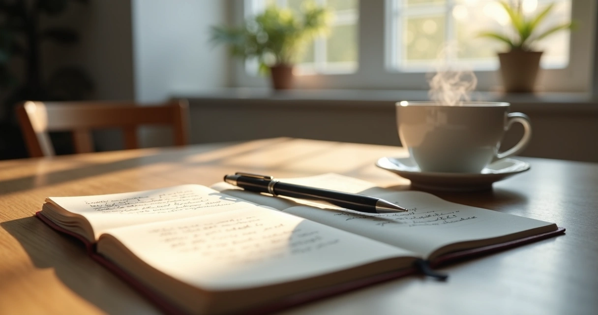 Open journal and tea on a table near a window