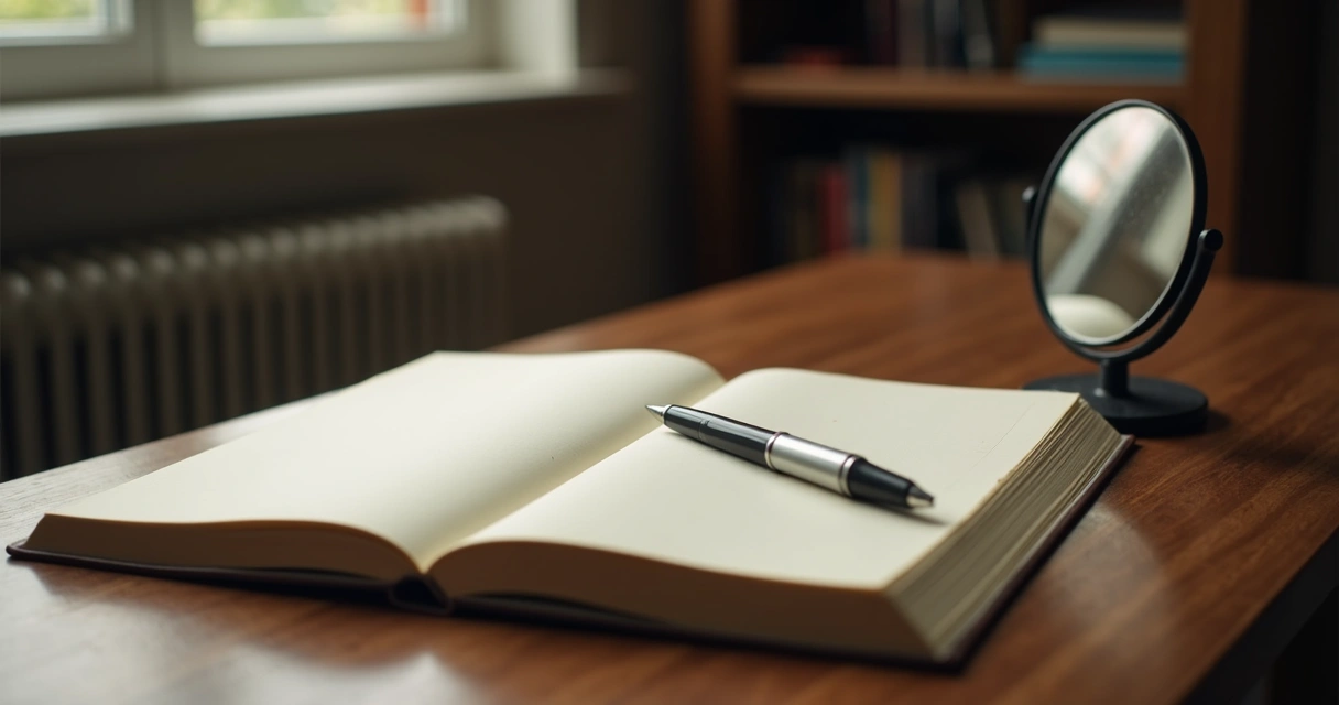 Open journal beside mirror with shadowed reflection