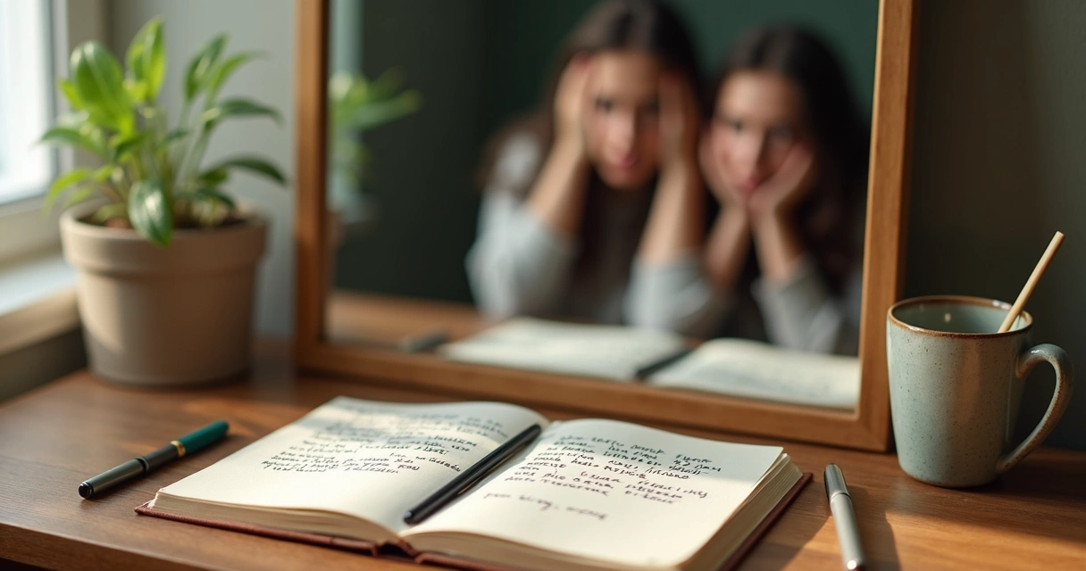 Open journal beside a calm face and a tense reflection in a mirror
