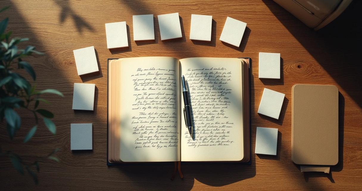 Open journal with symbolic cards on a wooden desk