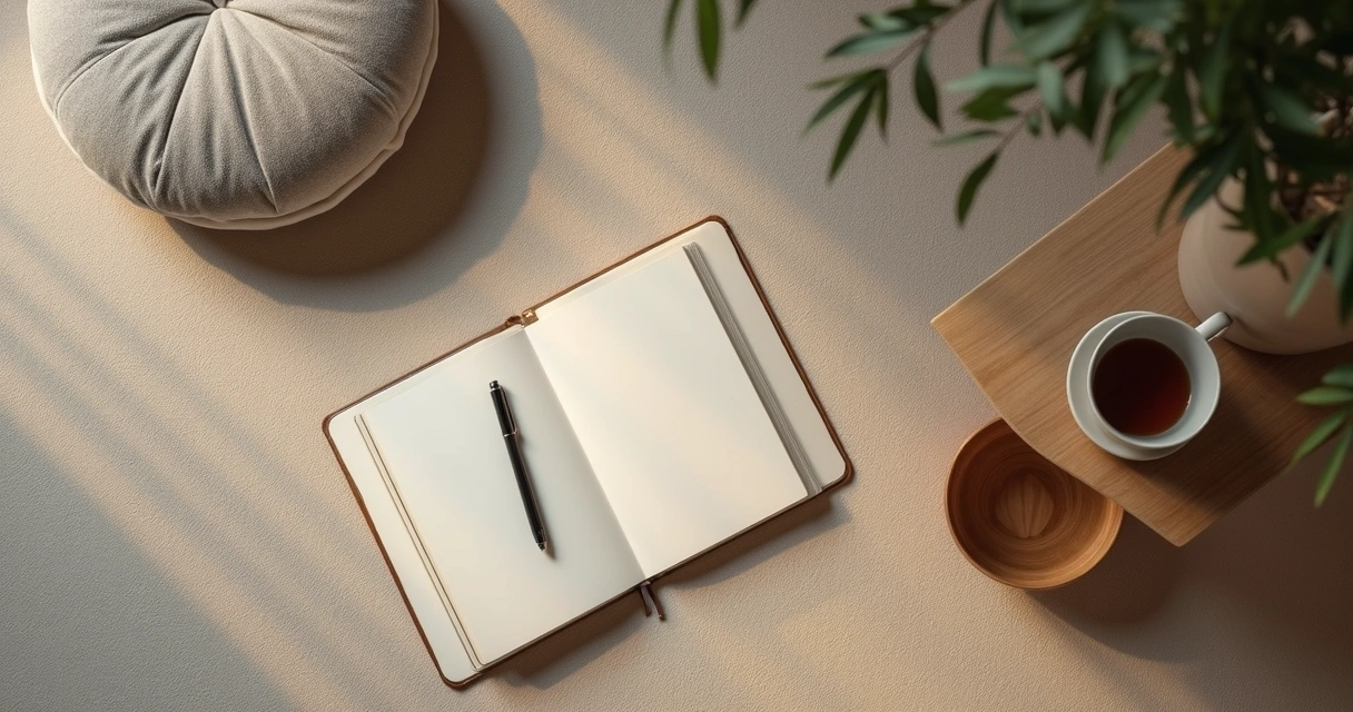 Journal, tea, and cushion arranged for a simple meditation routine 